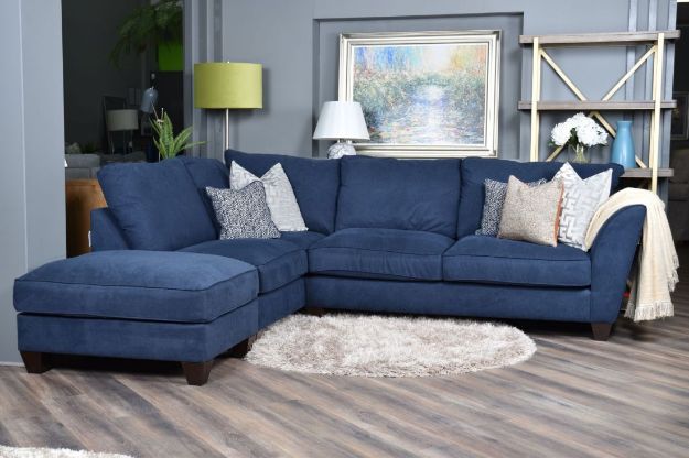 Picture of AZZURE CORNER SOFA WITH LEFT HAND FACING CHAISE STANDARD BACK IN COSMO NAVY WITH DELTA PATTERN NAVY SCATTERS AND DARK FEET