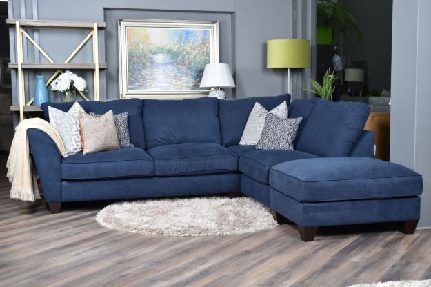 Picture of AZZURE CORNER SOFA WITH RIGHT HAND FACING CHAISE STANDARD BACK IN COSMO NAVY WITH DELTA PATTERN NAVY SCATTERS AND DARK FEET