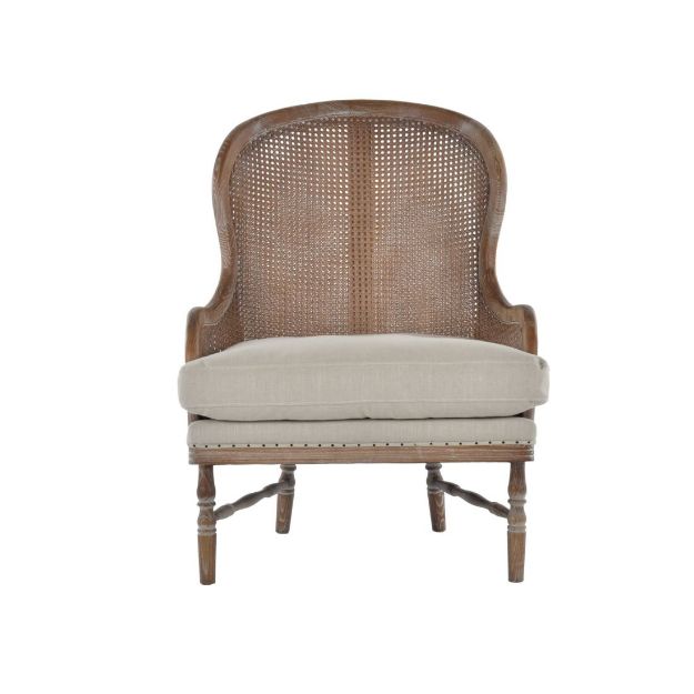 Picture of ROCHELLE HIGH BACK CHATEAU ARMCHAIR - LINEN  WHEAT WEAVE WITH VINTAGE BASE 